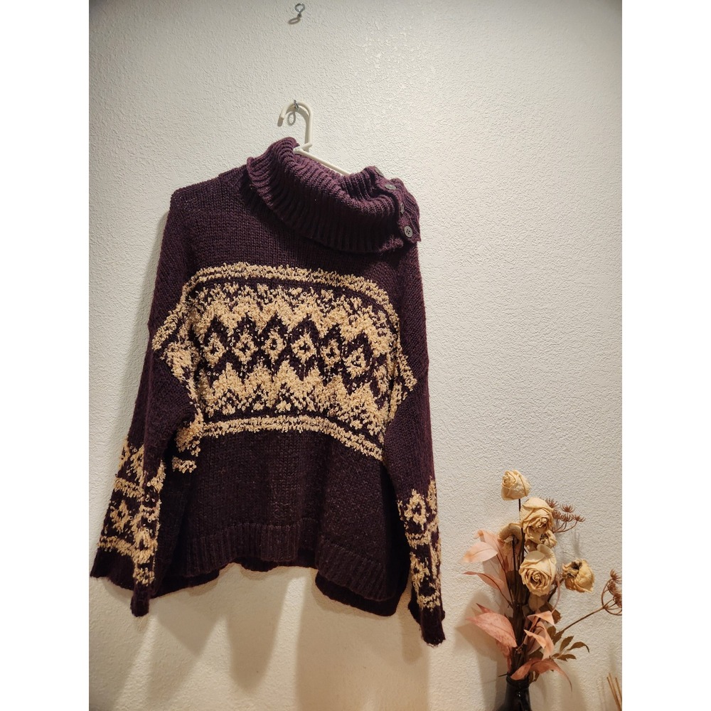 Free People Women's M Purple Tan Fair Isle Wool Blend Cowl‎ Neck Sweater boho